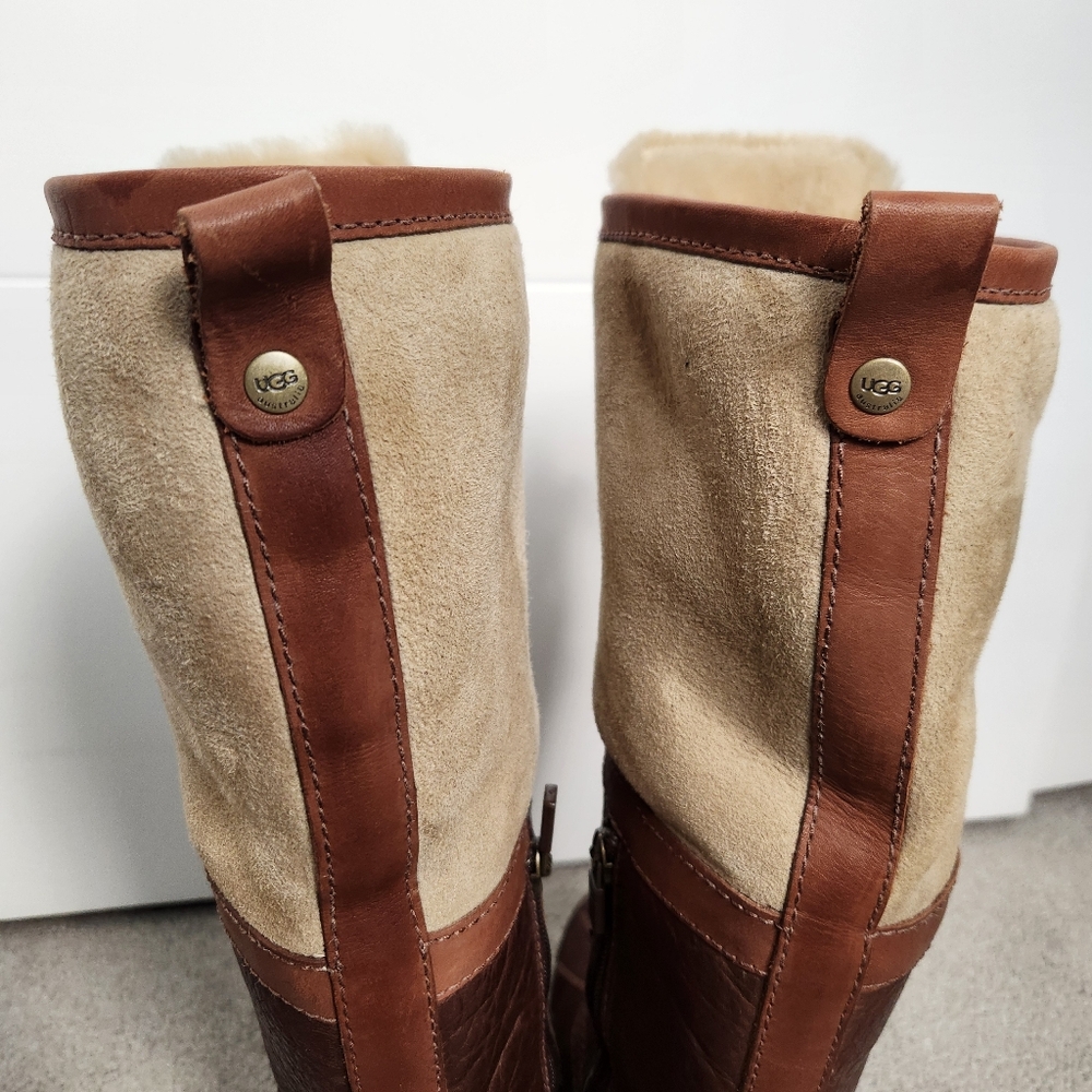 UGG Brown & Cream Lace-Up Winter Boots with Shearling Trim - Picture 8 of 15